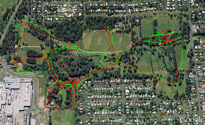 Bronwen (green) and my (red) routes on Google Earth