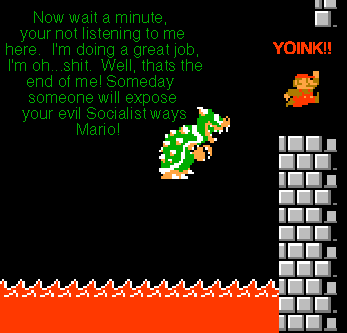 Mario kicking King Koopa into lava